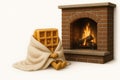 A sad waffle warms herself by the fireplace in a blanket. Royalty Free Stock Photo