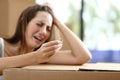 Sad wife complaining moving home after divorce Royalty Free Stock Photo