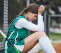 Sad, woman and athlete fail in sports, game or performance and frustrated with stress or anxiety in competition. Match Royalty Free Stock Photo