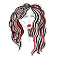 Sad woman with beautiful hair and red lips. Digital sketch grafic black and white style. Vector illustration. Royalty Free Stock Photo