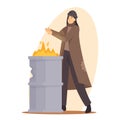 Sad Woman Beggar Warming Hand on Fire Burning in Metal Barrel, Female Character Wearing Ragged Clothing Living on Street