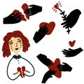 Sad woman with broken heart. Hands with hearts. heartbreak, love, relationship concept illustration