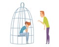 Sad woman in cage. Domestic violence, man laughing sad girl. Wife husband, unhealthy family vector illustration