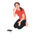 Sad woman crying because of broken mobile phone on floor. Stressed girl, smartphone with broken screen flat vector illustration.