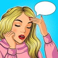 Sad woman face with speech bubble for text in pop art retro comic style. Stressed woman face Royalty Free Stock Photo