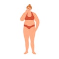 Sad woman with fat body. Plus-size person with obesity and low self-esteem. Unhappy chubby female in lingerie discontent