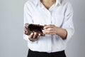 Sad woman hand empty wallet Royalty Free Stock Photo