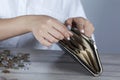 Sad woman hand wallet with money Royalty Free Stock Photo