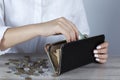 Sad woman hand wallet with money Royalty Free Stock Photo