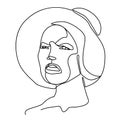Sad Woman in Hat One Line Art Portrait. Female Sadness Facial Expression. Hand Drawn Linear Woman Silhouette