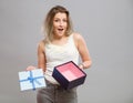 Sad woman holding gift box Royalty Free Stock Photo