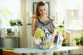 Sad woman with iron, clothes basket at modern home in sunny day Royalty Free Stock Photo