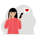 A sad woman reads a message on his mobile phone. Message with red heart. Vector