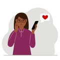 A sad woman reads a message on his mobile phone. Message with red heart. Vector