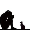 Sad woman silhouette with cat Royalty Free Stock Photo