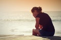 Sad woman silhouette worried on the beach Royalty Free Stock Photo