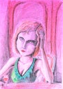 Sad woman at the table holding a glass of wine. Drinking from depression drawing with pencils. Royalty Free Stock Photo