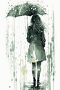 Sad woman with an umbrella walking under the rain. Vector art of cartoon poster. Watercolor painting Royalty Free Stock Photo