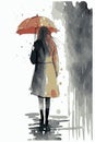 Sad woman with an umbrella walking under the rain. Vector art of cartoon poster. Watercolor painting Royalty Free Stock Photo