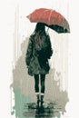 Sad woman with an umbrella walking under the rain. Vector art of cartoon poster. Watercolor painting Royalty Free Stock Photo