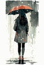 Sad woman with an umbrella walking under the rain. Vector art of cartoon poster. Watercolor painting Royalty Free Stock Photo