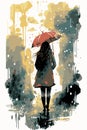 Sad woman with an umbrella walking under the rain. Vector art of cartoon poster. Watercolor painting Royalty Free Stock Photo