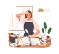 Sad woman washing dishes, tired with household chores, housework. Exhausted unhappy female housewife doing dishwashing