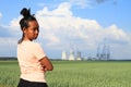 Sad woman watching Nuclear power plant Dukovany Royalty Free Stock Photo