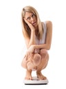 Sad woman on weight scale Royalty Free Stock Photo