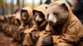 sad wombats in raincoats sit in a chain protesting against the poor treatment of animals in zoos