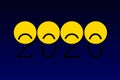 Sad 2020 year with loading icon. Progress bar almost reaching 2021 new year`s eve with yellow sad smiles. Blue illustration with