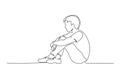 Sad young boy teenager sitting alone. One line drawing.