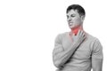 Sad young european man scratching his neck suffering from eczema, highlighted