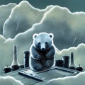 sad young lonely polar bear sitting on a piece of firm, climate change, ai generated image