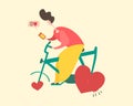 Sad young man holding smartphone mobile phone with sign no 0 likes on bicycle with hearts instead of wheels. Vector modern flat Royalty Free Stock Photo