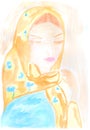 A sad young Ukrainian woman in a yellow-blue headscarf, the color of Ukraine. Color watercolor painting modern