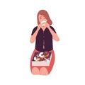 Sad young woman eating donuts. Concept of binge eating disorder, food addiction, overeating. Mental illness, behavioral