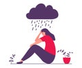 Sad young woman under rain.The girl is depressed person sitting on the floor. Royalty Free Stock Photo