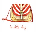 Saddle bag type with red and white striped top and soft brown color palette, isolated on white background