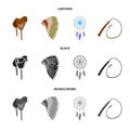 Saddle, Indian mohawk, whip, dream catcher.Wild west set collection icons in cartoon,black,monochrome style vector
