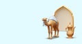 Saddled 3D camel near Arabian arch, tall teapot. Horizontal poster in oriental style