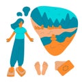 Sadhu boards hobby. Girl stand on nails bed visualizes mountain landscape. Wooden board for yoga practice. Meditation and