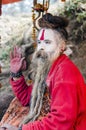 Sadhu posing for devotees during the traditional Hindu festival Maha Shivaratri in Pashupatinath temple, Kathmandu, Nepal