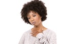 Depressed black casual woman on white background Royalty Free Stock Photo