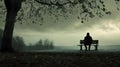 Sadness and grief, A figure sitting on a bench looking at a desolate. Royalty Free Stock Photo