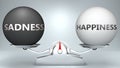 Sadness and happiness in balance - pictured as a scale and words Sadness, happiness - to symbolize desired harmony between Sadness Royalty Free Stock Photo