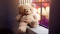 Sadness and Lonelyness Concept. Lonely Teddy Bear Toy Siting Alone beside Window in the Dark Room, City Night Light as Outside Vi