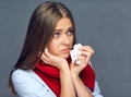 Sadness woman with flu or allergies sick holding paper tissue