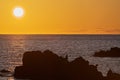 A lone angler on a rock at sunset at Shukunegi of Sado island, Niigata, Japan