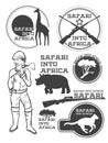 Safari In Africa. Giraffe, Rhino, Cheetah And Hunter With Weapon. Vintage Style. It Can Be Used As Logo.
